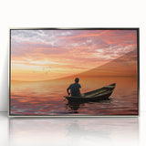 Mid-century modernist art depicting a serene Bangladesh landscape in cool blues and greens on a silver-framed acrylic print.