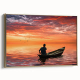 Framed canvas featuring a vintage-style landscape painting of a serene Bangladesh river scene in muted gold and black tones.