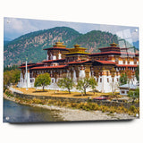 Acrylic glass print of a serene Bhutanese landscape in muted earth tones, ideal for bedroom or dining room decor.