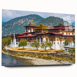 Large abstract wall art of Bhutan scenery in muted earth tones on acrylic glass, ideal for bedroom or dining room decor.