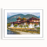 Abstract art print of Bhutan scenery in muted earth tones on a white-framed mat, ideal for dining room decor.