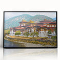 Large abstract wall art featuring a Bhutanese landscape in mid-century modernist style, framed in black acrylic.