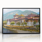 Large abstract wall art featuring a Bhutanese landscape in mid-century modernist style, framed in black acrylic.