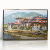 Large art print of a Bhutanese landscape in mid-century modernist style, framed in acrylic with gold tones.