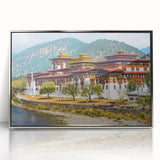 Mid-century modernist art depicting a serene Bhutanese landscape in soft earth tones on a framed acrylic print.