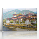 Art deco poster of Bhutan scenery in muted colors on a framed acrylic, ideal for modern art wall decor in a nursery.