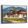 Black and white landscape art painting of Bhutan on framed canvas, ideal for bedroom wall decor.