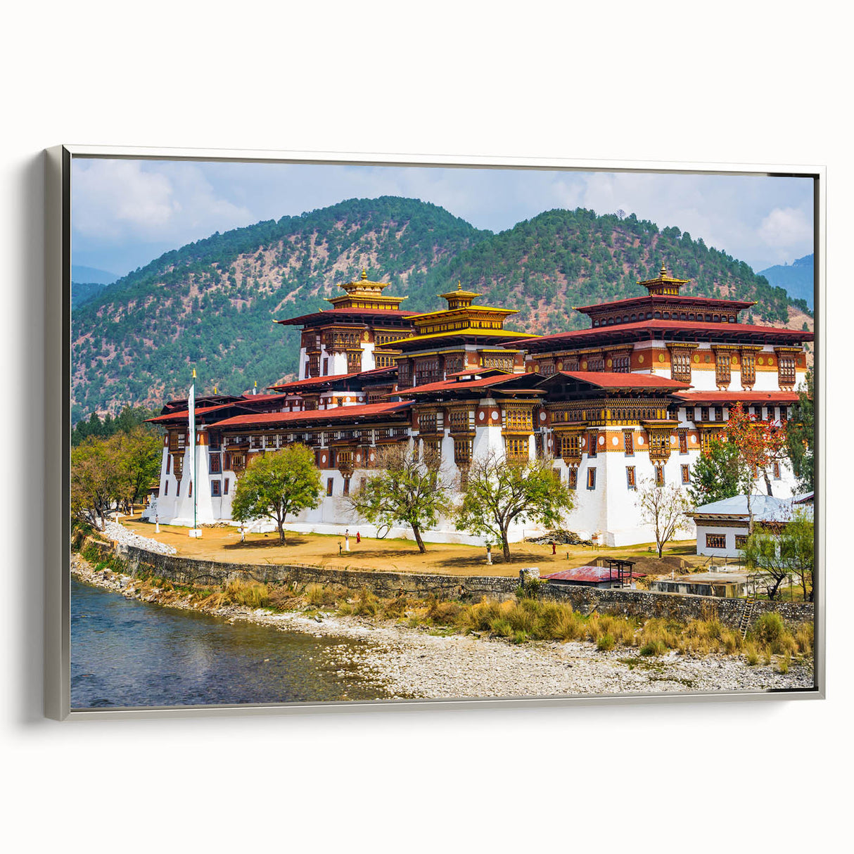 Framed canvas featuring a vintage-style landscape of Bhutan in colorful hues, ideal for adding a cultural touch to any room.