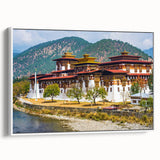 Framed canvas of a vintage poster depicting Bhutan scenery in colorful art style, ideal for living room decor.