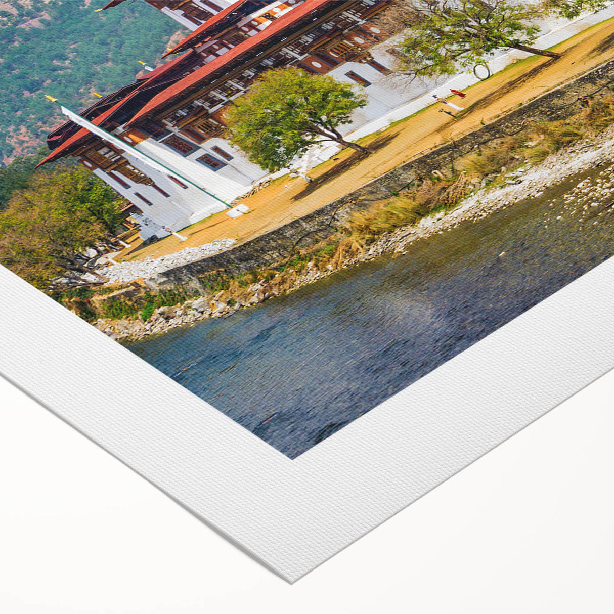 Art deco poster of Bhutan scenery on rolled canvas, featuring muted earth tones, ideal for dining room wall art.