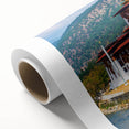 Art deco poster of Bhutan scenery on rolled canvas, featuring muted earth tones, ideal for nursery wall art.