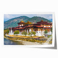 Extra large rolled print of Bhutanese scenery with vibrant floral elements, ideal for art wall dining room.