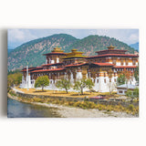 Black and white photo of Bhutanese landscape on stretched canvas, ideal for kitchen art.