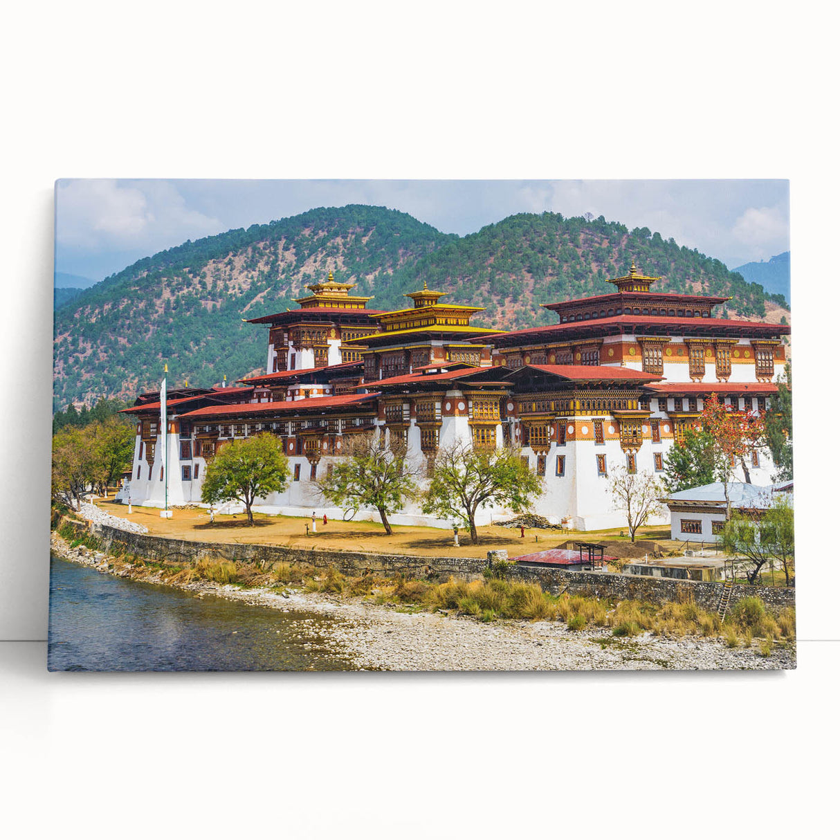 Black and white photograph of Bhutanese landscape on stretched canvas, ideal for kitchen wall art or bedroom.