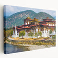 Large stretched canvas featuring a serene Bhutanese landscape in soft green and blue tones, ideal for kitchen wall art.