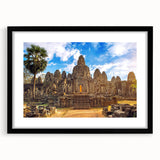 Extra large, colorful art print of an abstract Cambodian landscape in vibrant hues on a textured canvas, framed in black.