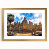 Extra large abstract art print of a Cambodian scenery in a gold frame with textured details, ideal for living room decor.