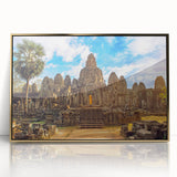 Framed acrylic print of a Cambodian landscape in gold and green tones, ideal for modern art wall decor.