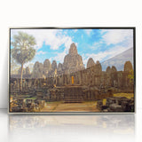 Mid-century modernist art of Cambodian scenery in acrylic, framed in silver, ideal for nursery wall art.