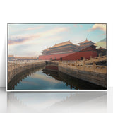 Acrylic print of Beijing skyline in muted gray and blue tones, framed in white, ideal for modern art wall decor.