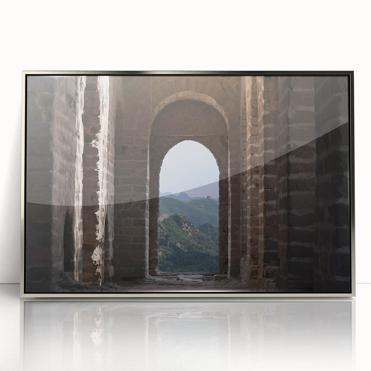 Mid-century modernist acrylic print of the Great Wall of China in muted earth tones, ideal for modern art wall decor.