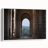 Vintage poster art of the Great Wall of China in colorful hues on a large framed canvas, ideal for living room decor.