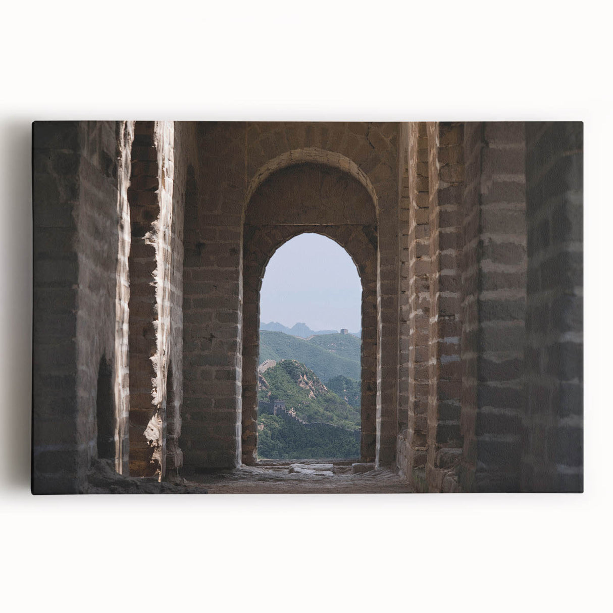 Black and white photograph of the Great Wall of China on stretched canvas, ideal for kitchen wall art or bedroom.