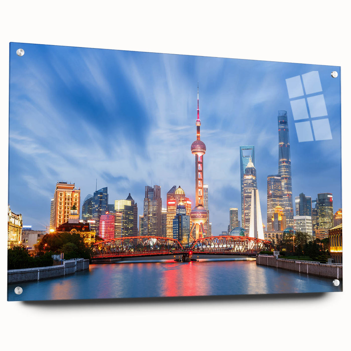 Acrylic print of Shanghai skyline in muted grays and blues, suitable for bedroom or dining room decor.