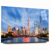 Large abstract wall art depicting the Shanghai skyline in muted blue and gray tones on acrylic glass.