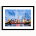 Extra large colorful abstract art print of Shanghai skyline, textured on black framed canvas, ideal for living room decor.
