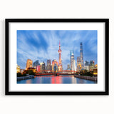 Extra large colorful abstract art print of Shanghai skyline, textured on black framed canvas, ideal for living room decor.