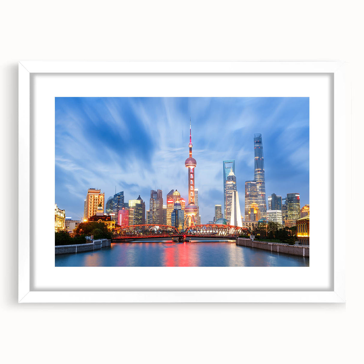 Abstract art print of Shanghai skyline in muted gray and blue tones on a framed white mat, ideal for dining room decor.