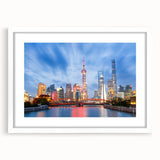 Abstract art print of Shanghai skyline in muted gray and blue tones on a framed white mat, ideal for dining room decor.