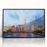 Large abstract wall art of the Shanghai skyline in black and white tones, framed in acrylic.