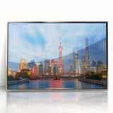 Mid-century modernist art of Shanghai skyline in muted silver tones on framed acrylic, suitable for modern art wall decor.