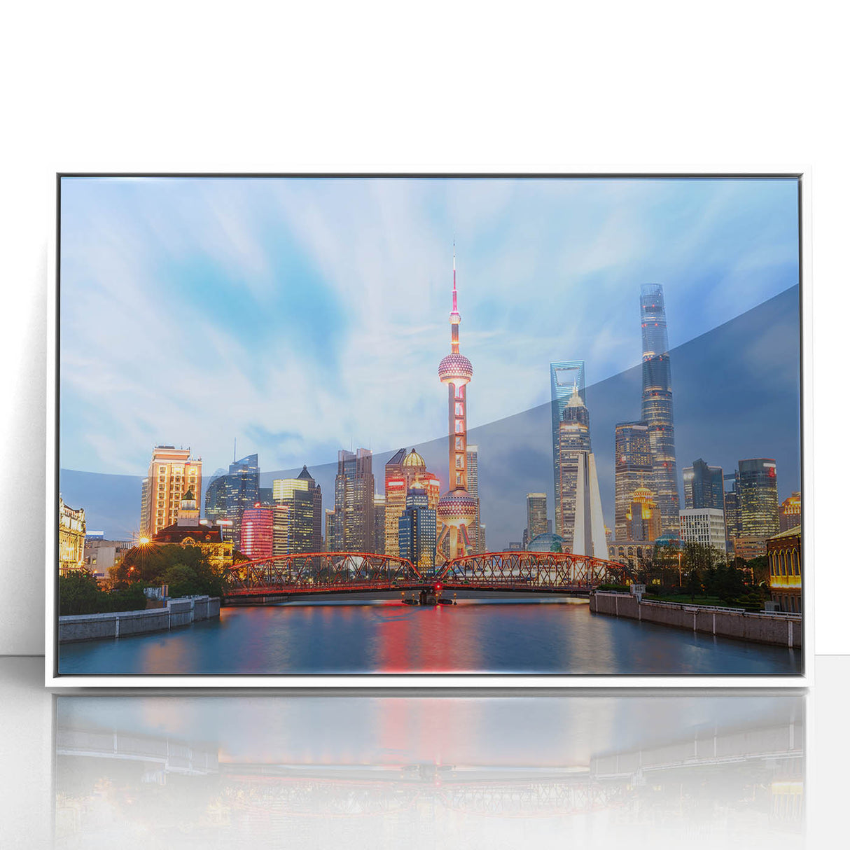 Acrylic print of Shanghai skyline in art deco style with muted gray and blue tones, ideal for modern art wall decor.