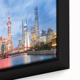 Extra large framed canvas featuring a textured depiction of Shanghai's skyline in black with colorful art accents.