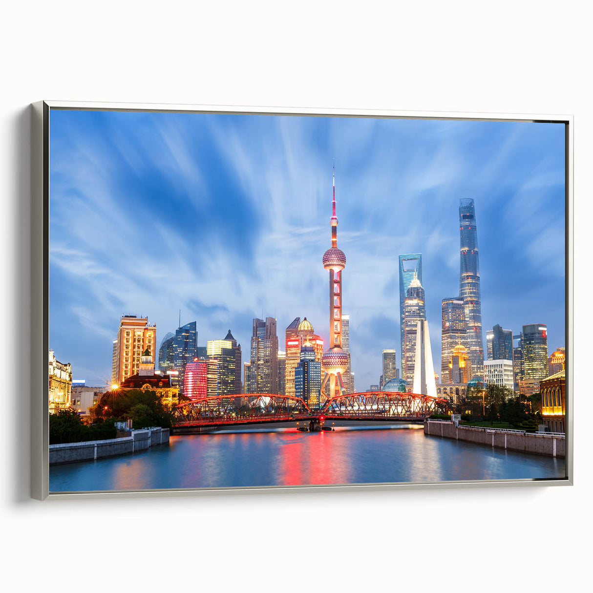Framed canvas of a vintage Shanghai landscape in colorful tones, ideal for adding a global touch to living room decor.