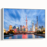 Vintage poster art of Shanghai skyline in colorful hues on a framed canvas, ideal for living room decor.