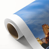 Art deco style Shanghai skyline with muted gold and black tones on rolled canvas, suitable for dining room decor.