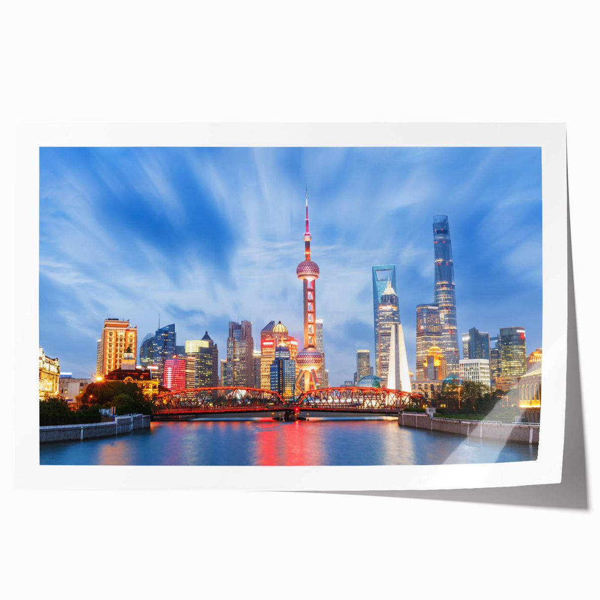 Extra large rolled print of Shanghai skyline with floral elements in muted colors, ideal for art wall dining room.