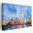 Large canvas print of the Shanghai skyline in muted gray and blue tones, ideal for kitchen wall art.