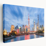 Large canvas print of the Shanghai skyline in muted gray and blue tones, ideal for kitchen wall art.