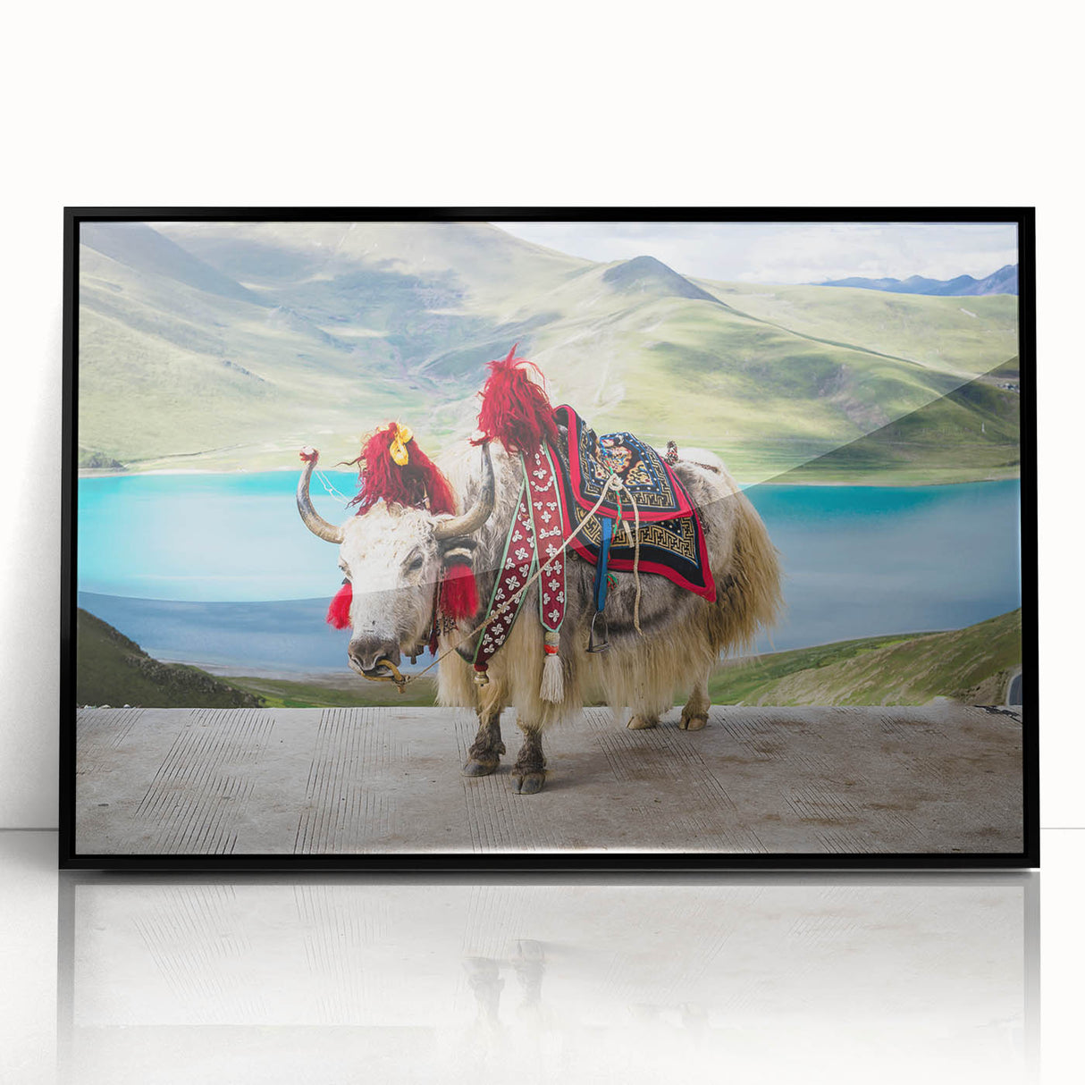 Large abstract wall art depicting a Tibetan landscape in muted earth tones, framed in black acrylic.
