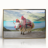Framed acrylic print of a Tibetan landscape in gold and earth tones, ideal for modern art wall decor.
