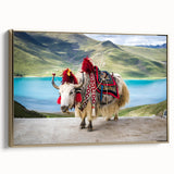 Framed canvas of a vintage-style Tibetan landscape in muted gold and black tones, ideal for bedroom wall art.