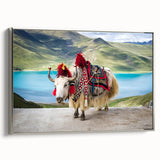 Landscape art painting of Tibetan scenery in vibrant colors on a framed canvas.