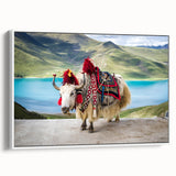 Vintage poster art of a Tibetan landscape on extra large framed canvas, featuring colorful art against a black background.