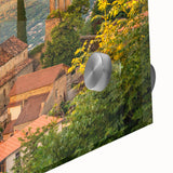 Large abstract wall art depicting a Georgian landscape in muted green and blue tones on acrylic glass.