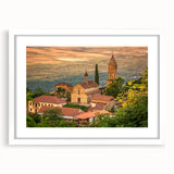 Abstract art print of a stylized Georgia landscape in muted earth tones on a framed white mat.